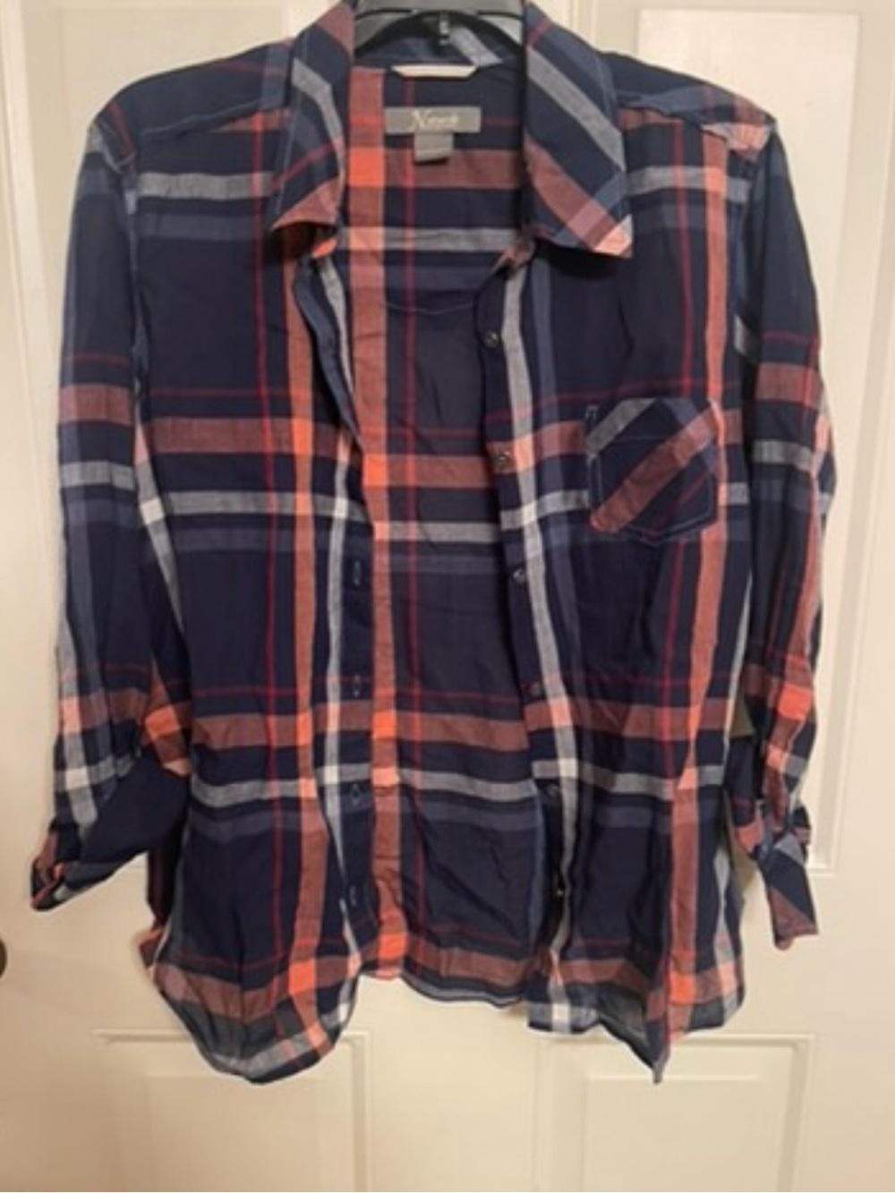 Natural Reflections Navy, Orange & White Plaid Button-Down Top